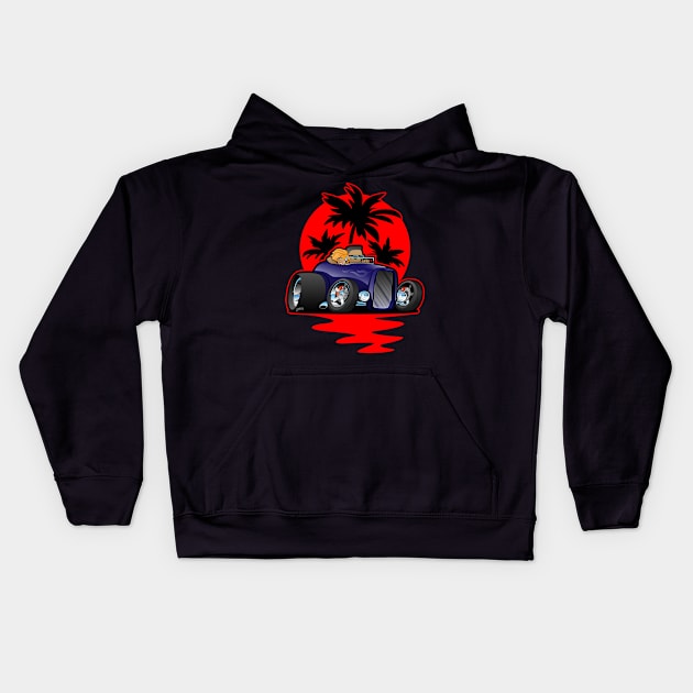 Hot Rod Couple Cruise at Sunset with Palm Trees Car Design Kids Hoodie by hobrath